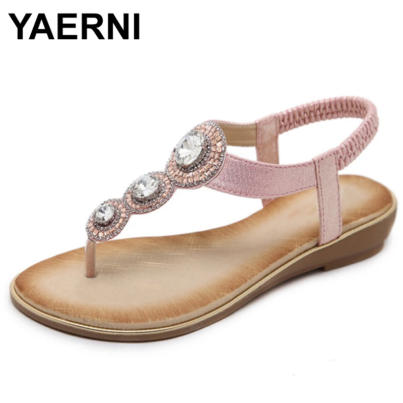 

YAERNI Women Wedge Sandals Summer 2018 Gladiator Shoes Woman Bohemia Flat Casual Sandals Crystal Flip-Flop Beach Sandals 35-42