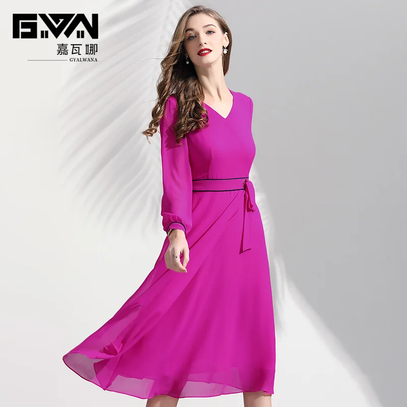 

GYALWANA 2019 New Women's Dress Purple V-neck Luxury Long-sleeved Chiffon Dress Office Lady Elegant A-line Mid Dresses