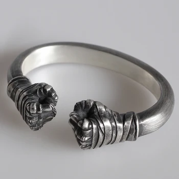 

S925 Sterling Sliver Double Fist Bangle Open Cuff Bandages Fist Bracelet Men Bangle Mens Personality Jewelry Birthday Gifts Bran