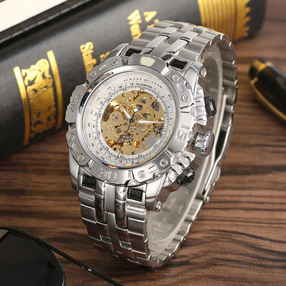 

Fashion Luminous Function Silver Stainless Steel Hollow-out Design Automatic-self-winding Mechanical Men Wristwatch for Friends