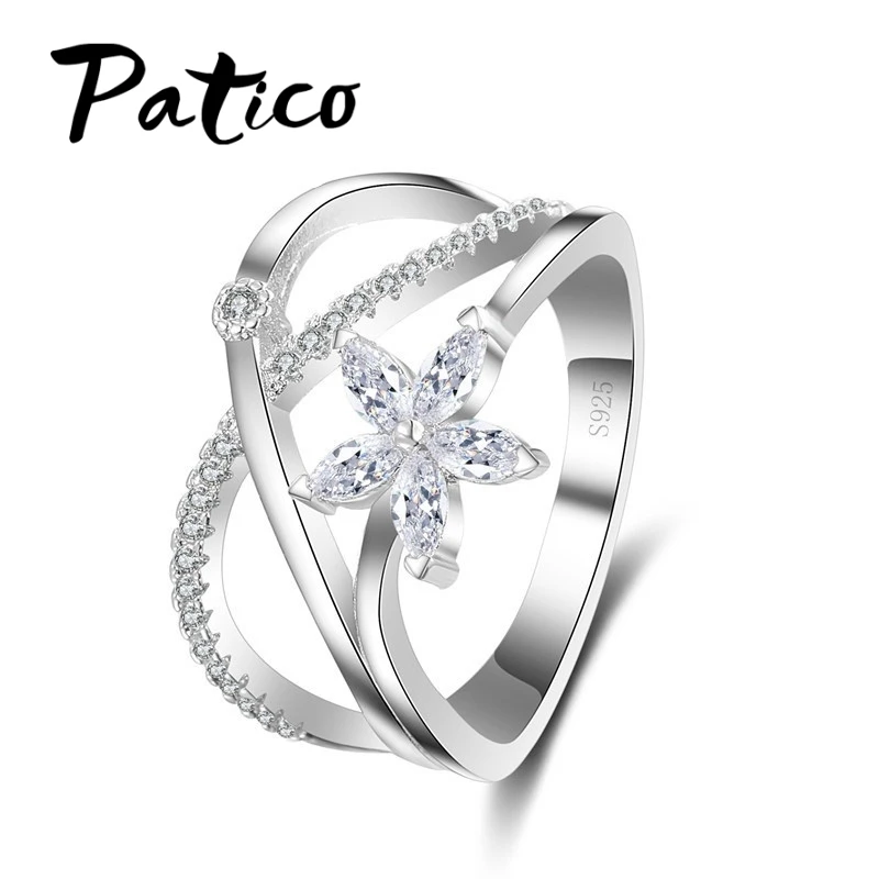 PATICO Trendy Women 925 Sterling Silver Cubic Zirconia Crystal Rings Fashion Wedding Bands Jewelry Engagement Rings