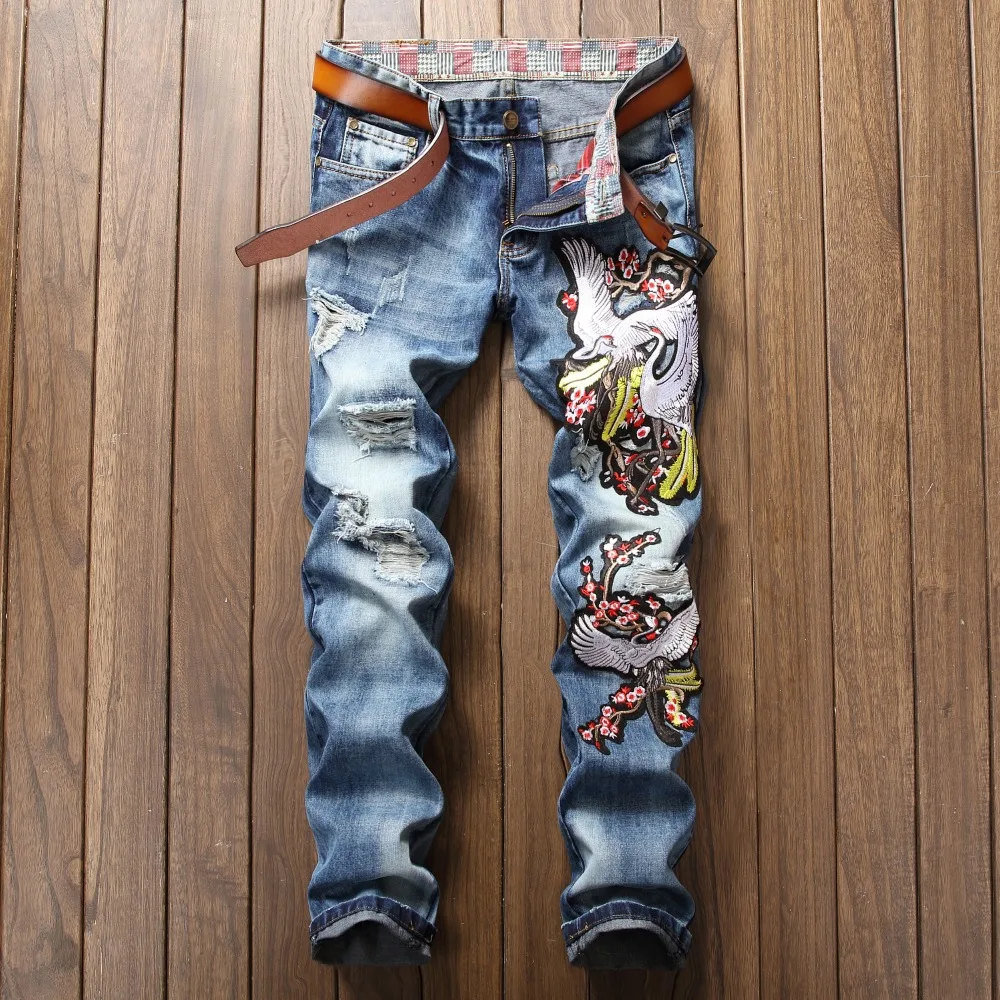 Men's Jeans Chinese style Embroidered Cave Light Blue Men's Jeans ...