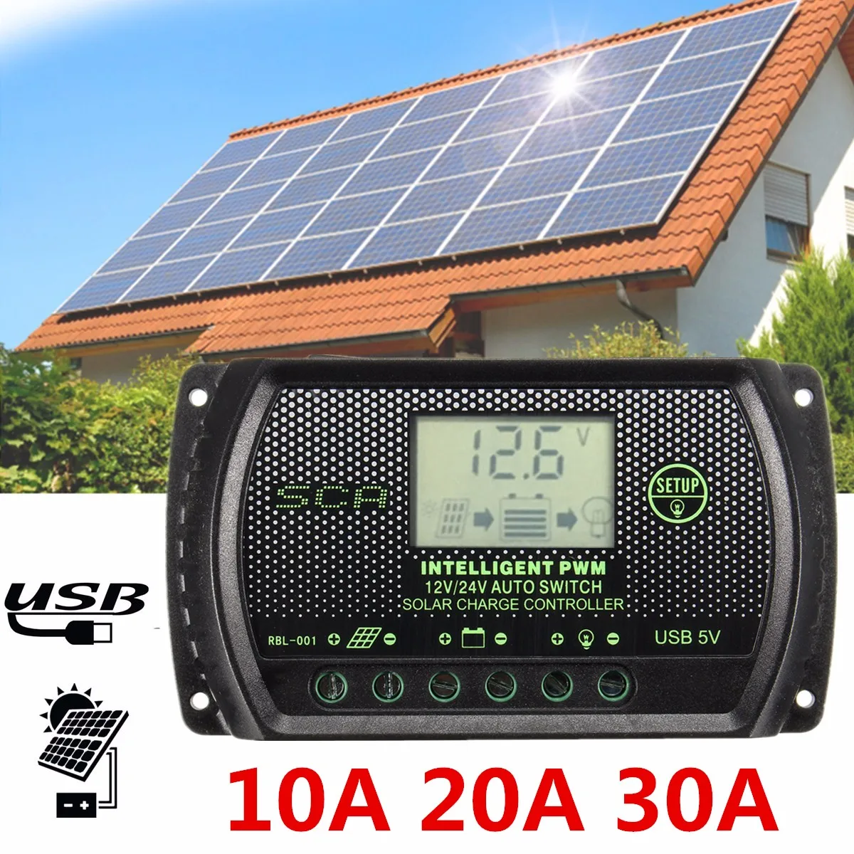 

10A 20A 30A Good Quality PWM LCD USB Solar Panel Battery Regulator Charge Controller 12V 24V