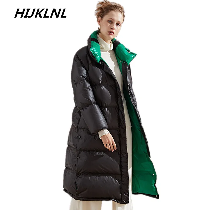 

QAZXSW 2019 New Women's Winter Down Jacket Outer Long Section 100% White Duck Down Thick Warm Loose Fashion Lapel Coat TQ529