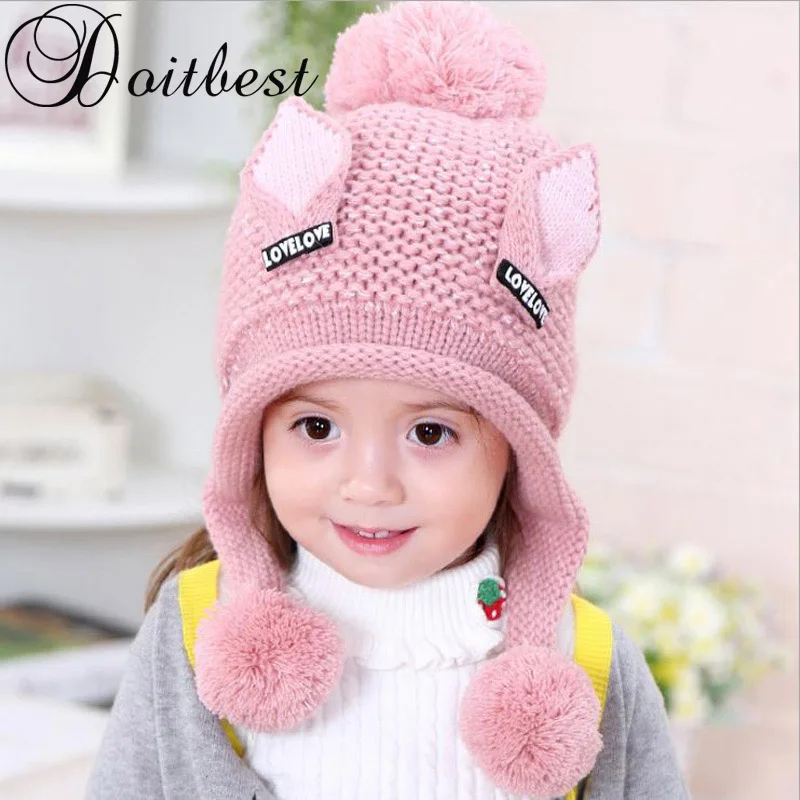 

Doitbest 2-6 Y Plus velvet boy Beanies Cat ears wool solid Winter Baby Child knitted hat kids girls Earflap Caps