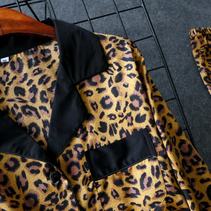 Женская Удобная пижама с длинными рукавами, Повседневная Домашняя одежда, Весенняя леопардовая Пижама, шелковая, сатиновая Пижама