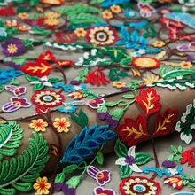 1 ярд цветные кружева ткань с тяжелой вышитые цветочные, смешанные цвета Делюкс Вышивка Черная Сетка кружевная ткань, код MF222