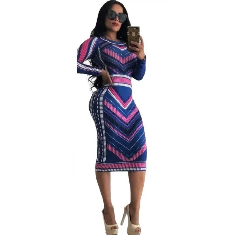 

2019 Women Autumn Dresses Long Sleeve Geometric Print Vintage Dress Robe Sexy Slim Bodycon Sheath Midi Package Hip Dress Vestido