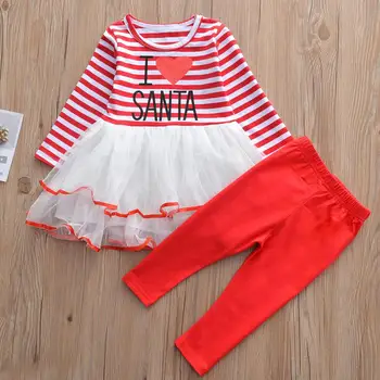 

Wholesale Girls' clothing set 2019 new Stripe love printed long sleeve dress+red pants 2pcs suit 1-6Y Christmas New Year costume
