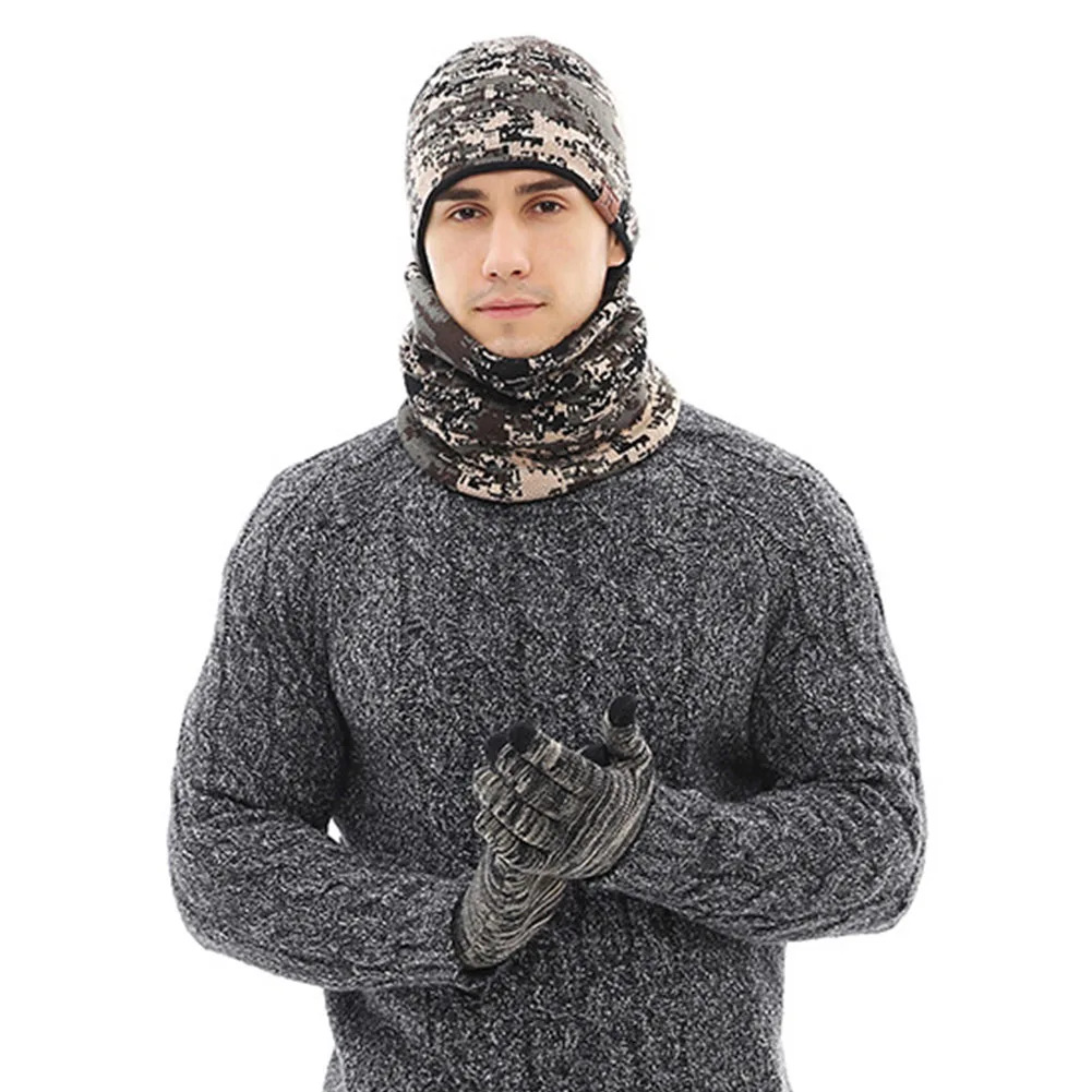 Унисекс спортивная шапка теплый набор шапочек-бини перчатки вязаный камуфляж шарф зима 3 шт