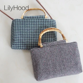 

LilyHood Women Wool Felt Tote Bags Handmade Winter Vintage Retro Chic Preppy Style Tweed Fabric Book Top-Handle Shoulder Bag