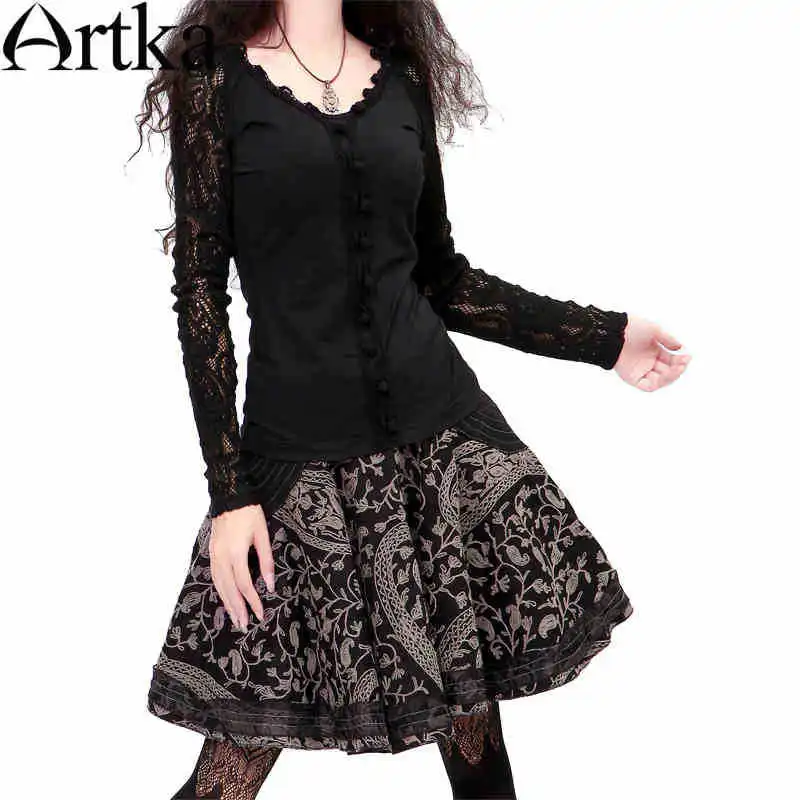 

ARTKA Women's Retro Vintage Hugging Waist A Line Embroidery Swing Skirt A06377