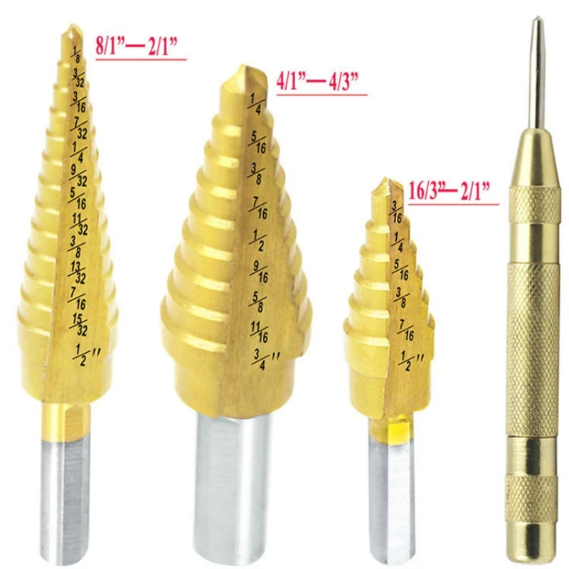 3 pcs HSS Titanium Step Drill Bit Set & 1 pcs Automatic Center Punch herramientas para carpinteria drill bits drill bits 3 pcs HSS Titanium Step Drill Bit Set & 1 pcs Automatic Center Punch herramientas para carpinteria drill bits drill bits