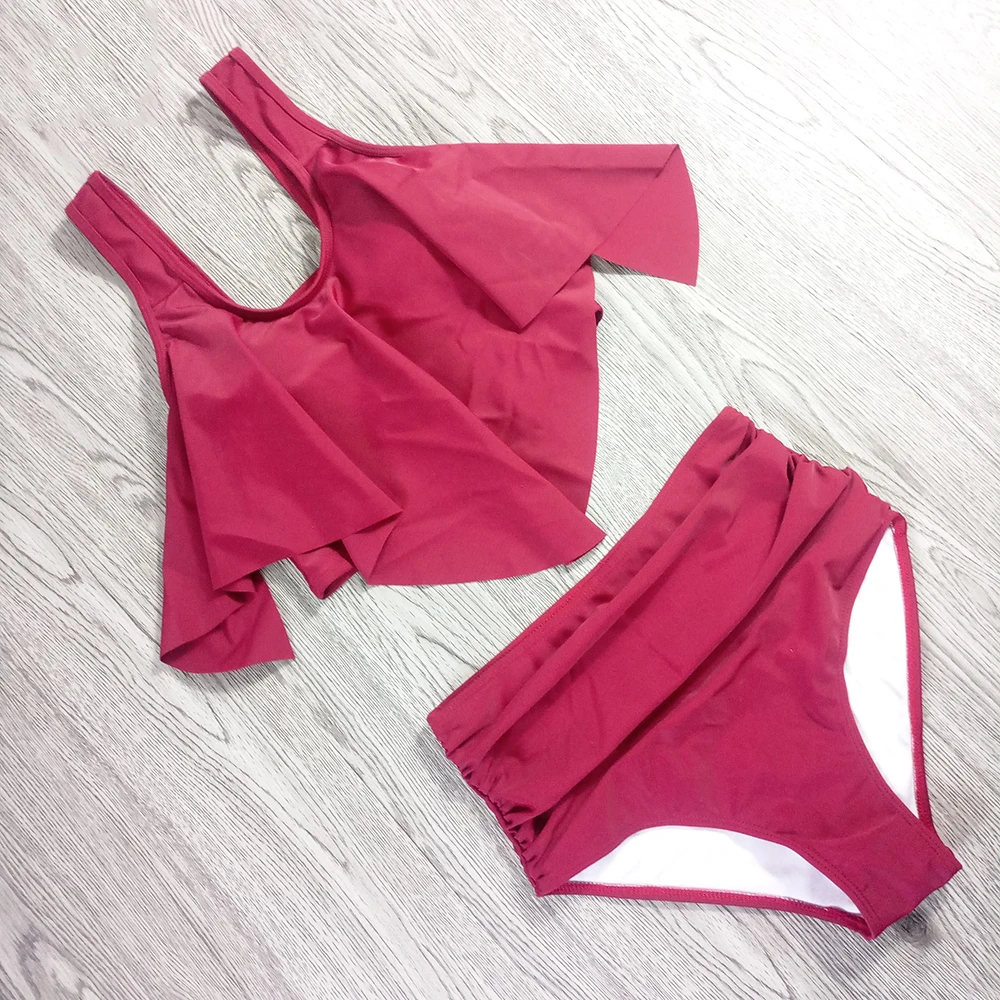 

S-3XL Flounced Bikini Solid Color High Waist Swimsuit Women Swimwear Ladies Plus Size Bathing Suits Two Piece 2019 New Swim Set