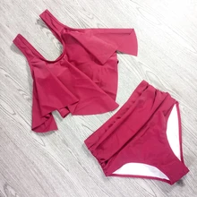 S-3XL Flounced Bikini Solid Color High Waist Swimsuit Women Swimwear Ladies Plus Size Bathing Suits Two Piece 2019 New Swim Set