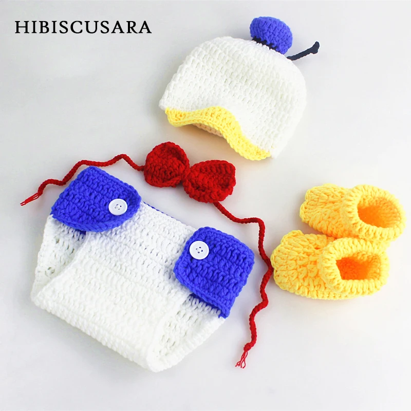 Hot Deal Handmade Knitting Baby Photography Clothing Costumes Cartoon Duck Newborn Bebe Photo Sets Hat Panties Bowtie Shoes 4pcs Outfits