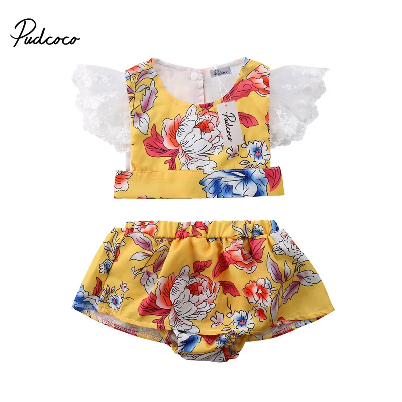 2pcs Toddler Kid Baby Girl Clothes Floral Ruffle T Shirt Tops Shorts Outfits Set