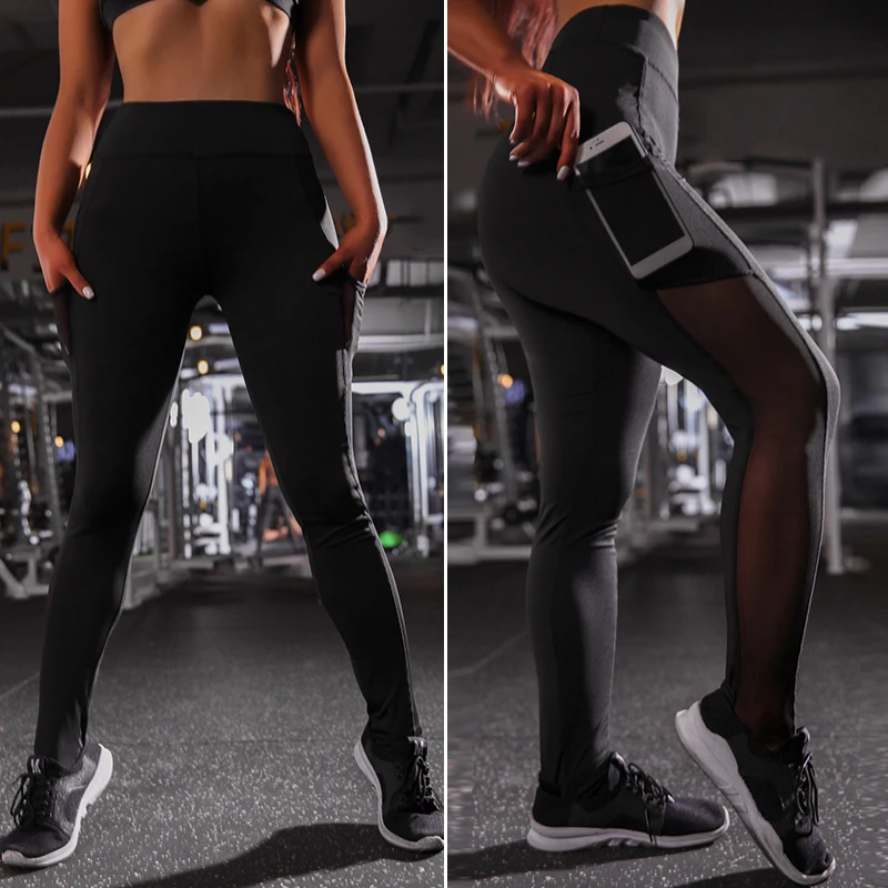 

Fashion Fitness Pants Women High Waist Stretch Side Pockets Pants Mesh Stitching Hip Lifting Sports Running Trousers