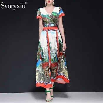 

Svoryxiu Designer Summer Party Maxi Dress Women's Short Sleeve Vintage Painting Print Sexy V Neck Custom Big Size Maxi Dresses