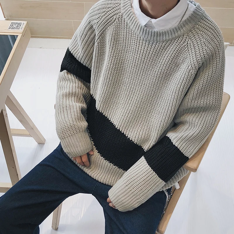 2018 Корейская Новинка зимы Мужская мода прилив сращены Цвет круглый вырез горловины Вязание пуловеры Свободные Повседневное черный/серый