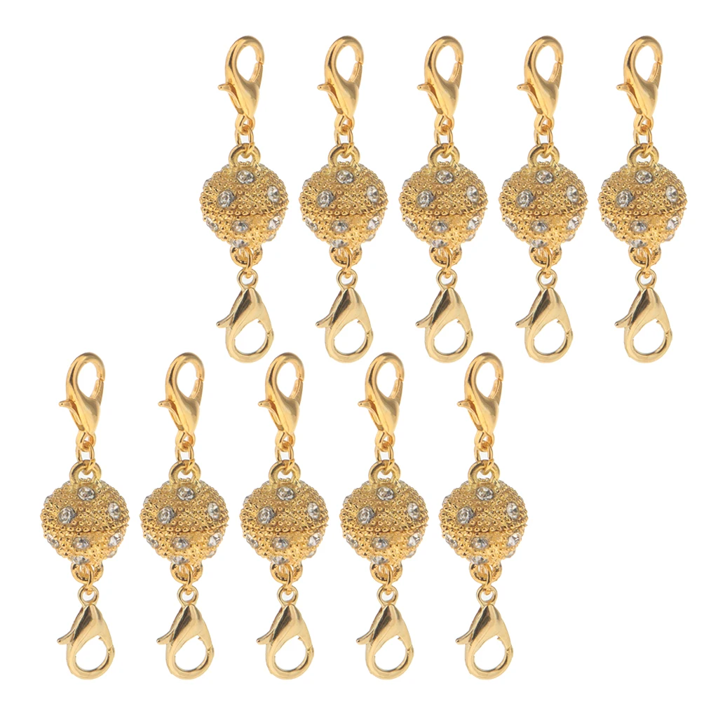 10Pcs Gold Color Ball Rhinestone Lobster Magnetic Clasps Jewelry DIY Findings for Necklace