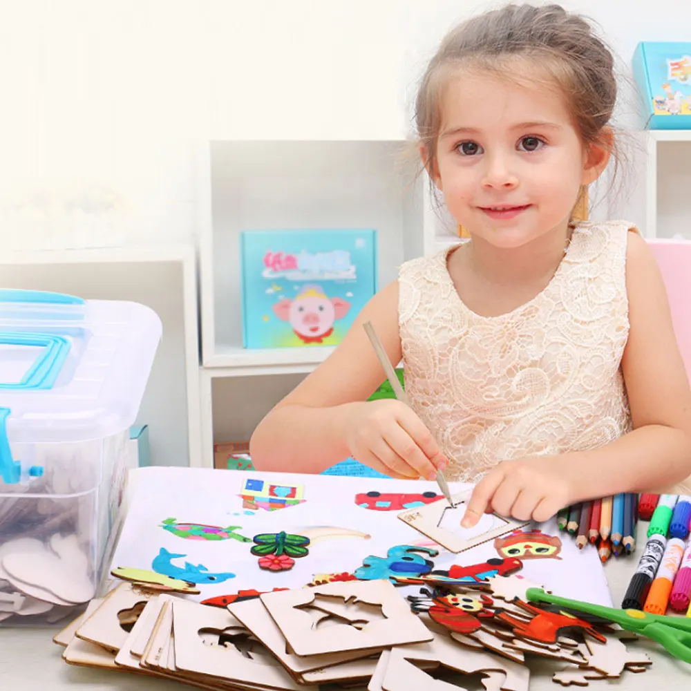 

100Pcs Drawing Toys Children Wooden Animal Models Paint Learning Educational Copying Notebook Creative Templates Coloring Boards