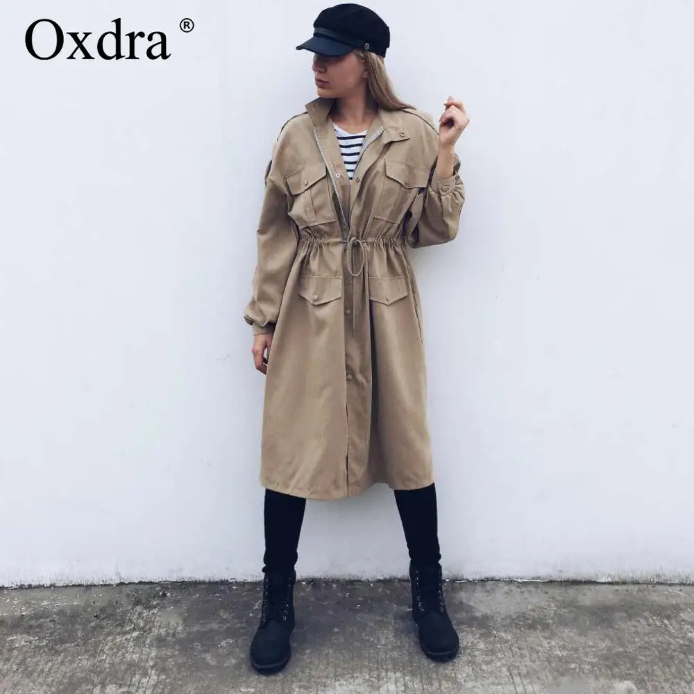 

Wixra Women Spring Autumn New Solid Trench Coat long Outerwear loose clothes for lady with belt Casual Outerwear