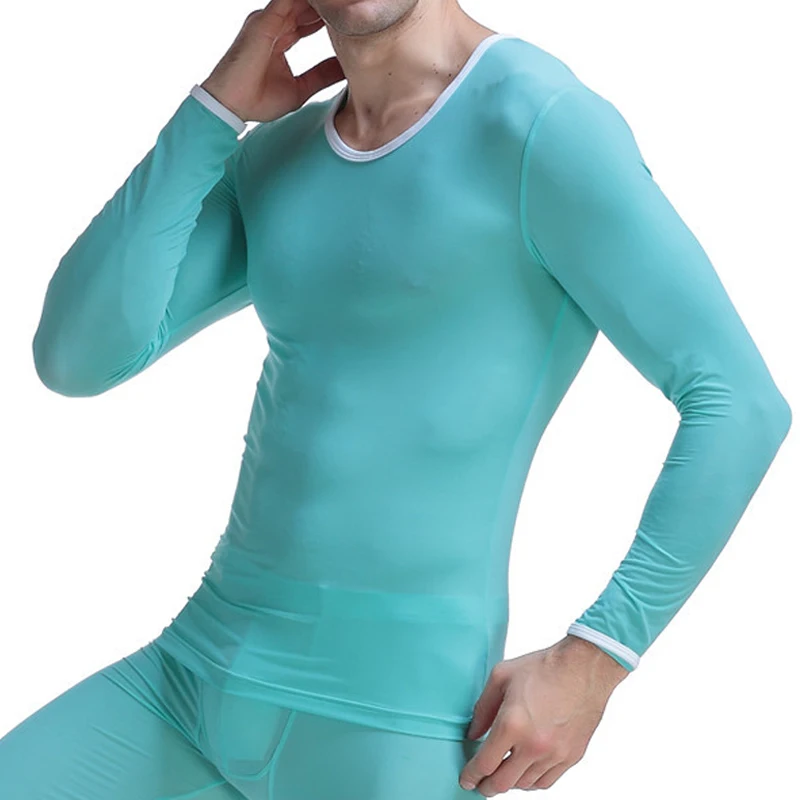 CLEVER-MENMODE Men's Undershirt Thermal Super Thin Men Ice Silk Underwear Sheer T Shirts Long Johns Male Long Sleeves Tops Tees