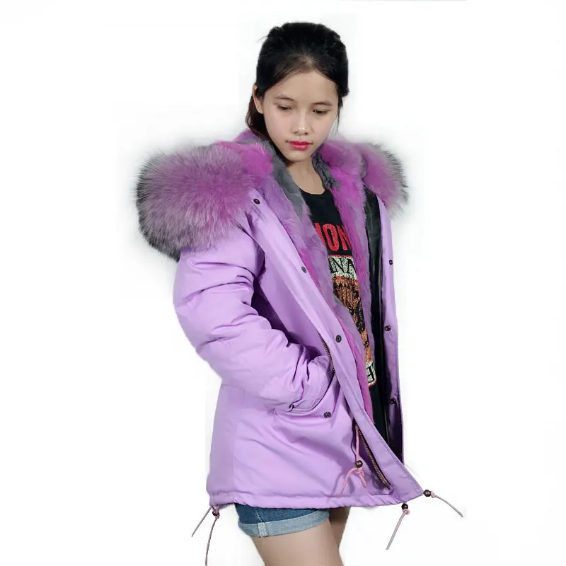 Real Rabbit Fur Purple Jacket Women Big Hooded Fur Jacket Winter Ladies