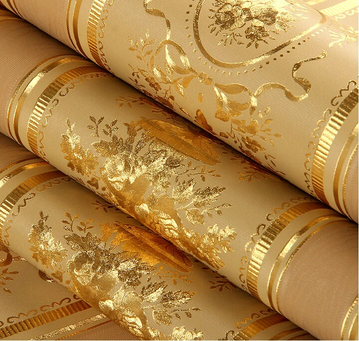 Europäischen Luxus Floral Striped Wallpaper Wasserdicht Geprägte Gold Tapete Wohnzimmer Wände