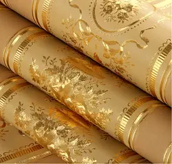 Европейский роскошный цветочный полосатый обои Водонепроницаемый тиснением золотой обои Гостиная стены обои Rolls 3D Papel де Parede