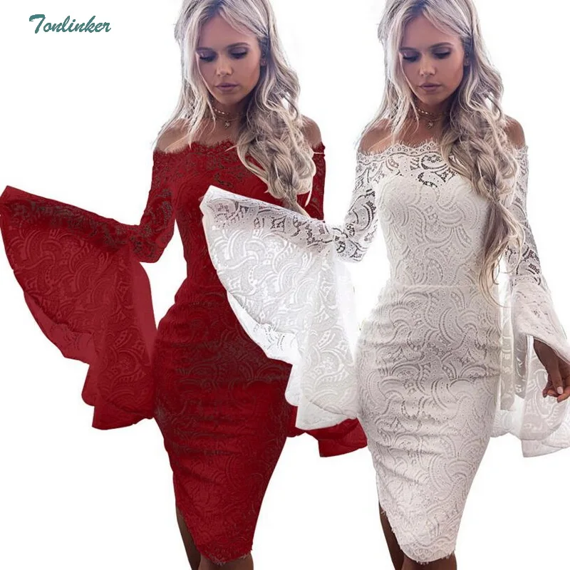 

Off Shoulder Flare Sleeve Lace Dress Women Elegant Party Dress Slash Neck Long Sleeve Sheath Cotton Sexy Bodycon Dress Vestido