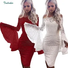 Off Shoulder Flare Sleeve Lace Dress Women Elegant Party Dress Slash Neck Long Sleeve Sheath Cotton Sexy Bodycon Dress Vestido plain slash neck flare sleeve bodycon dress