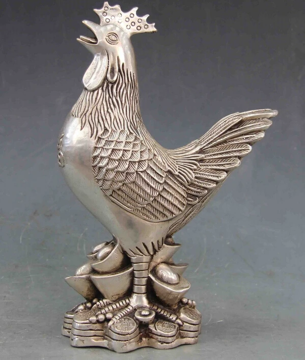 

Chinese White Copper Silver fengshui Lucky YuanBao Cion Zodiac Chicken Rooster