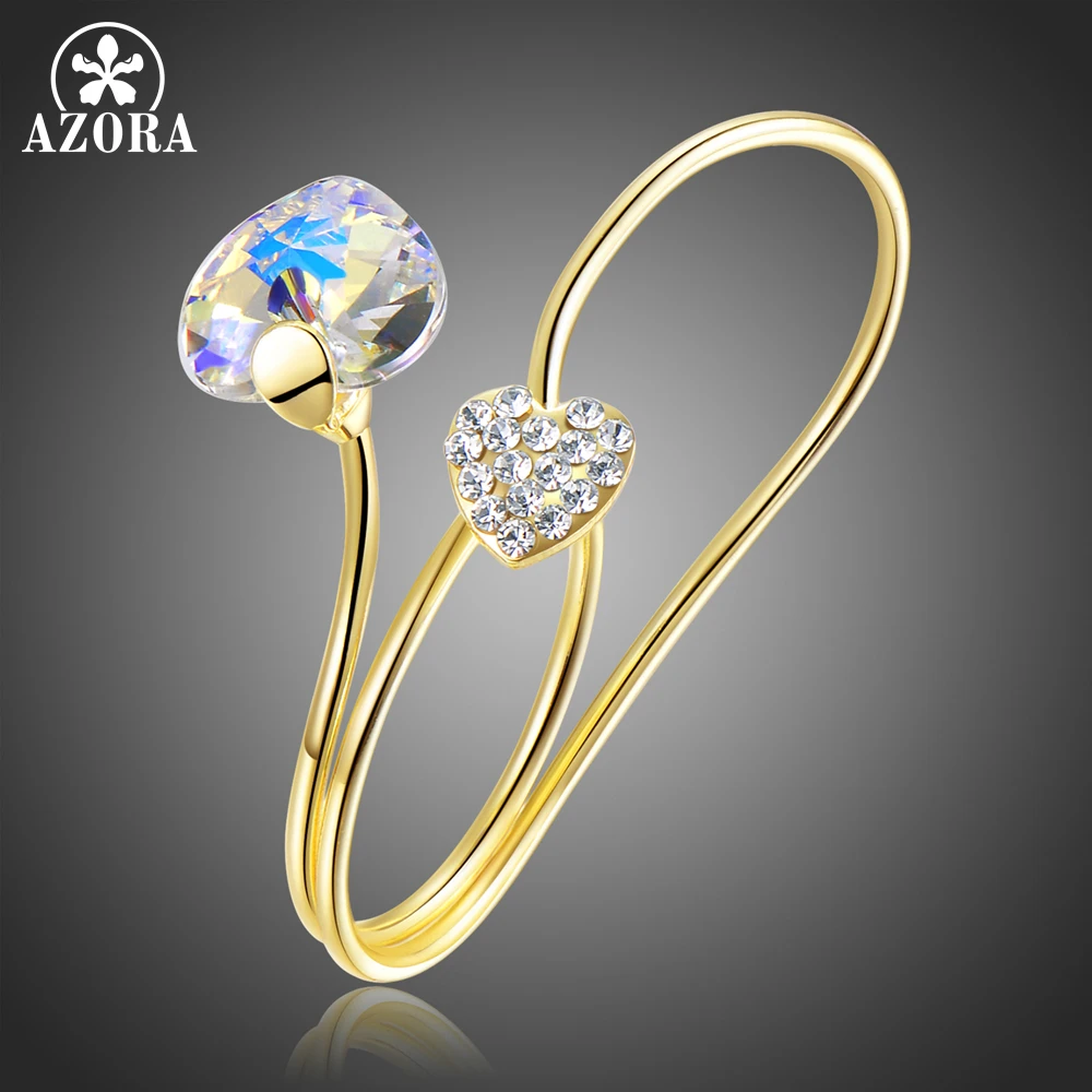 

AZORA Double Heart Austrian Crystals Double Finger Adjustable Rings Female Gold Jewelry for Women Valentine's Day Gift TR0235