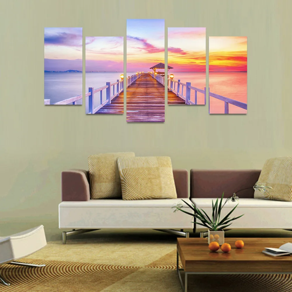 

Print Painting Wall Picture Modular Poster 5 Panel Bridge Canvas Glowing Ocean Frame Art For Living Room Home Decor Artwork