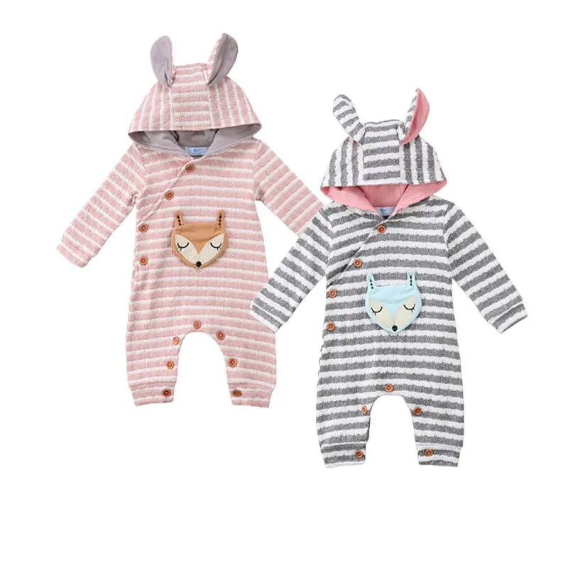 

3D Ears Babies Hooded Rompers Newborn Baby Infant Boy Girl Hooded Striped Romper Jumpsuit Outfit Clothes 0-24M