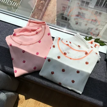

Summer Casual Women Knitted Pajamas Set Strawberry Print Elastic Pink White Shorts 2 Piece Set for Home
