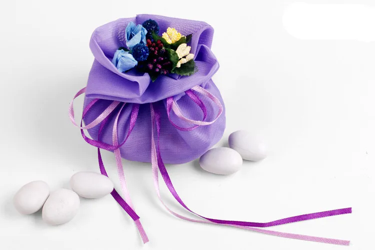 Wholesale Italian CONFETTI purple wedding organza candy bag artificial flower bouquet wedding