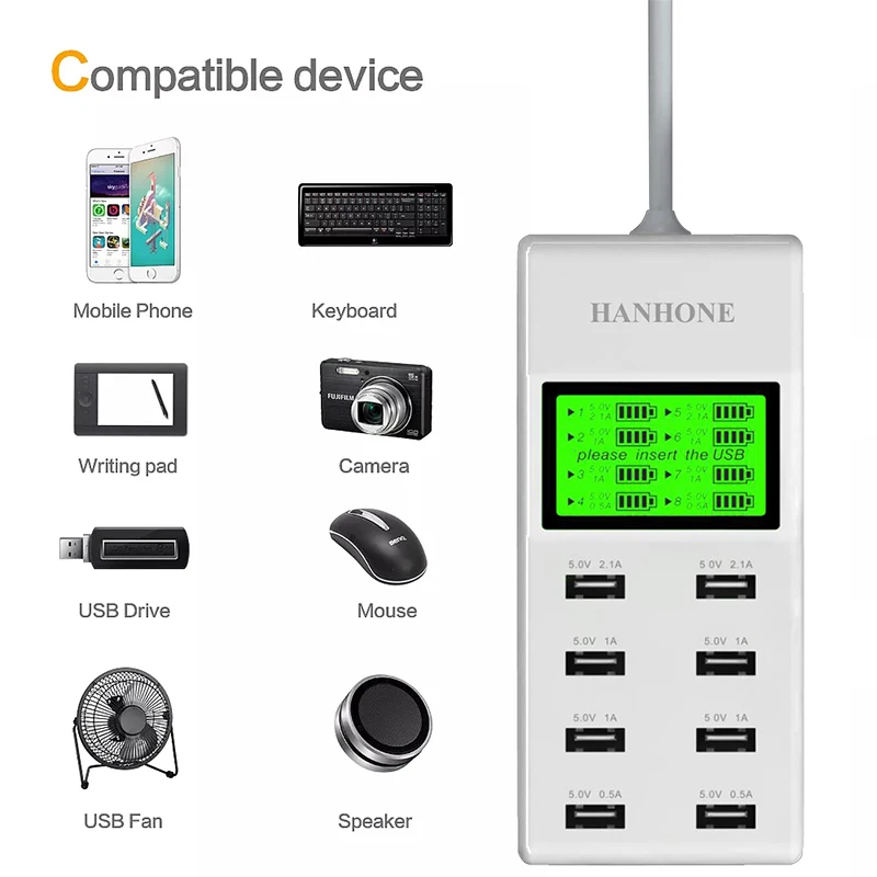 HANHONE 8 USB Port Adapter Charger Desktop Charger With LED Display Mobile Phone Charger For iPhone Samsung iPad Tablet Nokia (3)