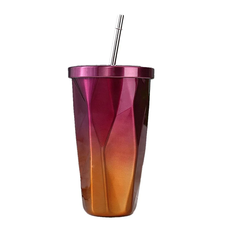 Чашка для питья с крышкой и стакан с трубочкой горячая холодная Двойная Стенка вакуумная изоляция кофейная кружка колба для воды Красочная нержавеющая сталь - Цвет: F-Purple gold