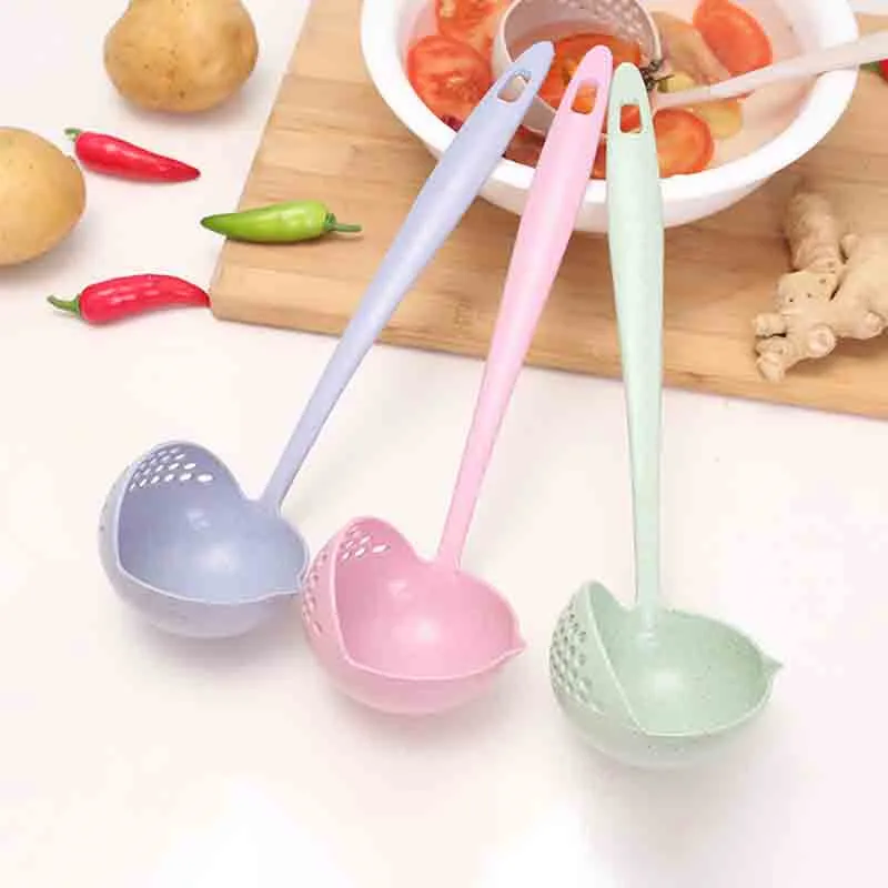 VOGVIGO, 4 цвета, 2 в 1, длинная ручка, ложка для супа, домашнее сито для приготовления пищи, дуршлаг, кухонный ковш, пластиковый ковш, Аксессуары для посуды