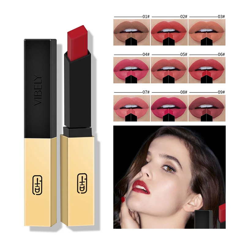 

2019 Popular Small Gold Bars Matte Square Lipstick Long Lasting Waterproof Velvet Red Lips Makeup Brand 16 Color Matte Lip Stick
