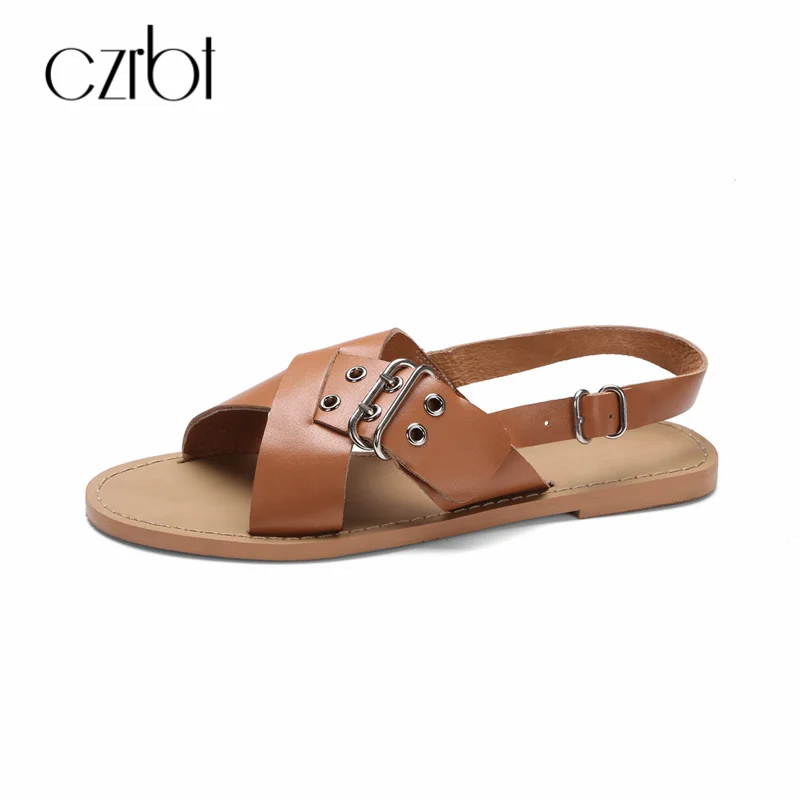 

CZRBT Summer Women Fashion Gladiator Flats Shoes Women Genuine Leather Skin and Lining Laides Casual Shoes Back Strap Sandals