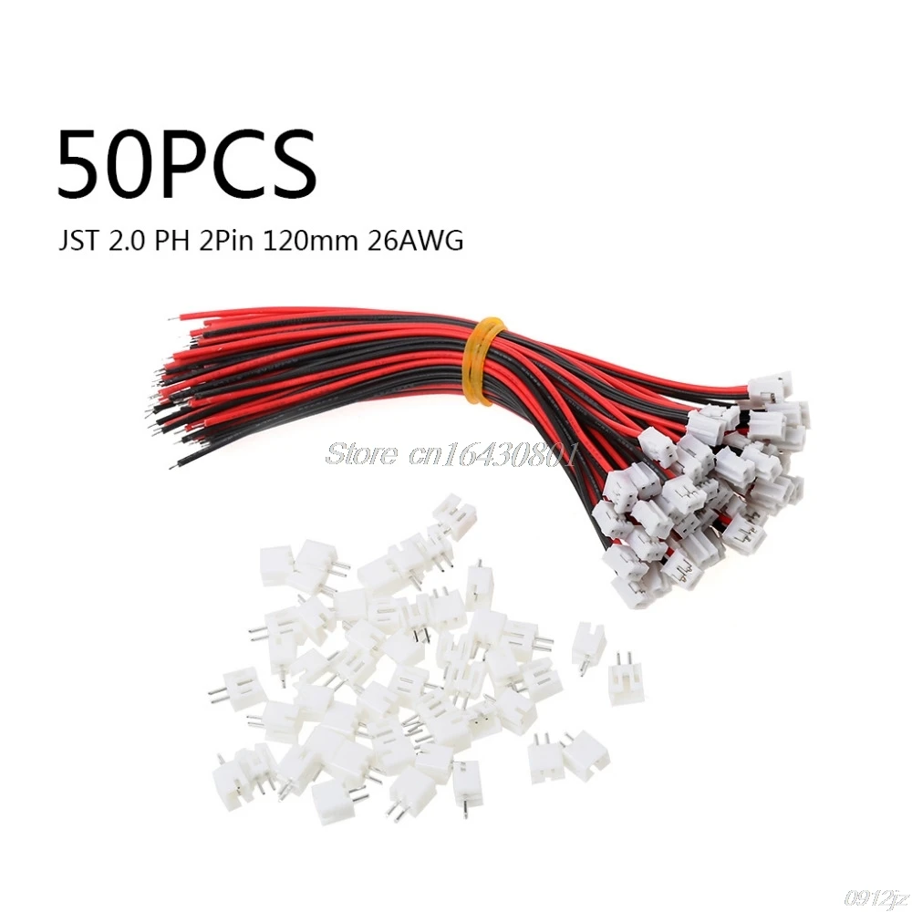 

50 SETS Mini Micro JST 2.0 PH 2-Pin Connector Plug with Wires Cables 120MM 26AWG C90A New Drop shipping qiang