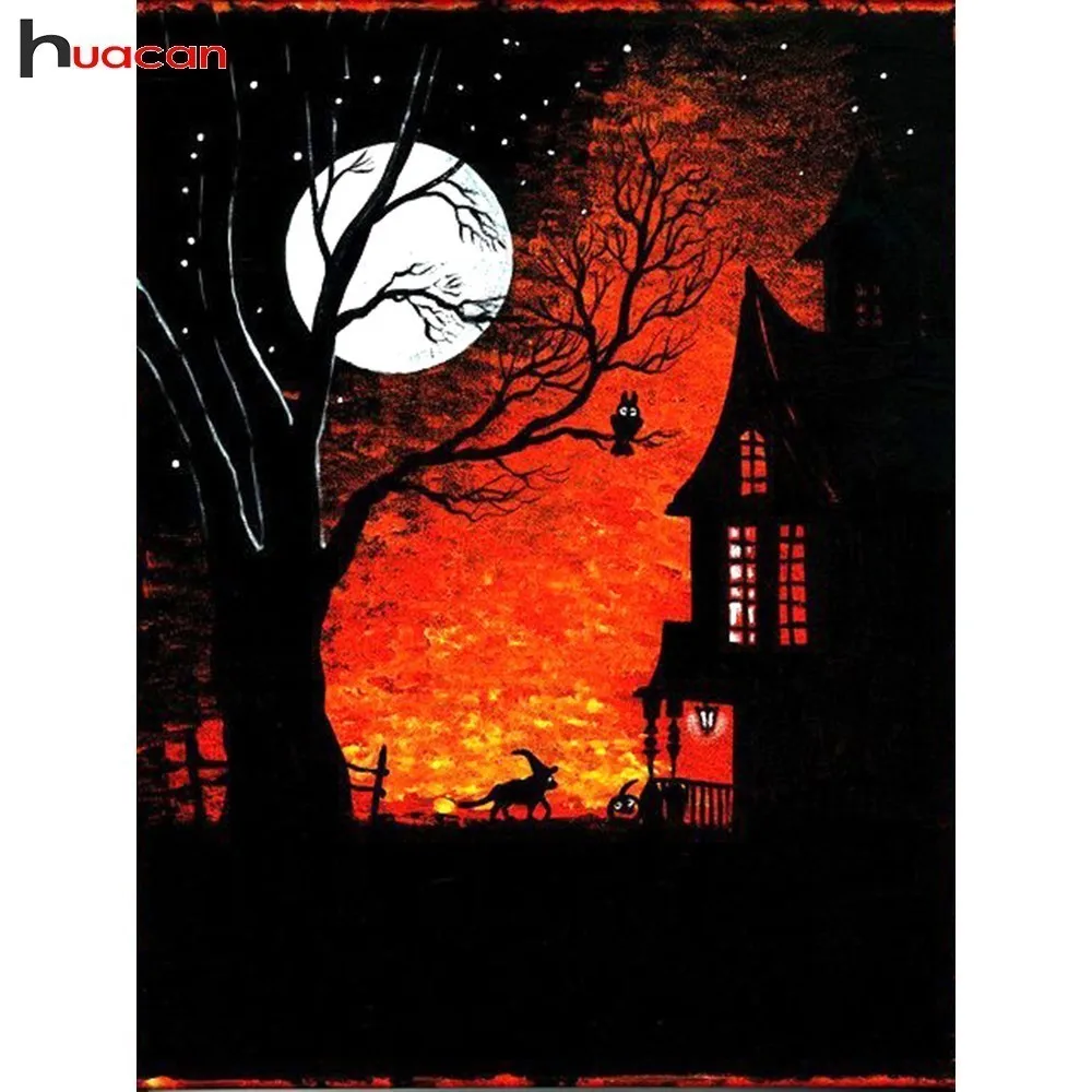

HUACAN Diamond Embroidery Halloween Full Square Drill DIY Diamond Painting Cartoon Picture Of Rhinestone Moon Decoration Home