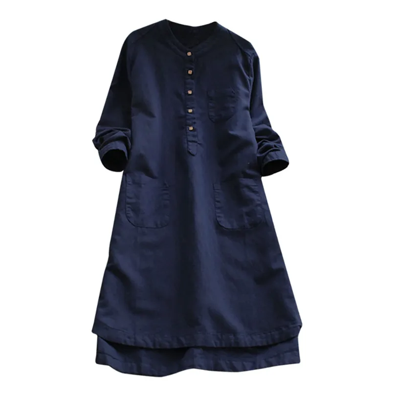  Women Summer Retro Long Sleeve Fashion Casual Shirt Dress Loose Button Tops Blouse Brief Daily Mini Shirt Dress#4M09 (3)