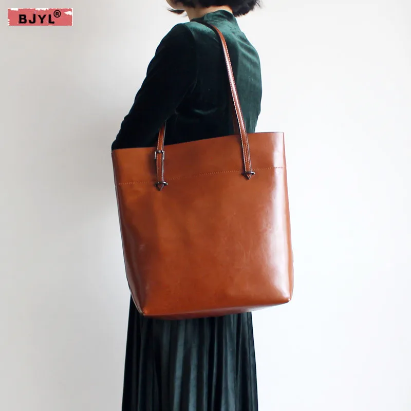 

BJYL Women handbags original design genuine leather simple female shoulder bag handmade large capacity big bag fashion handbag