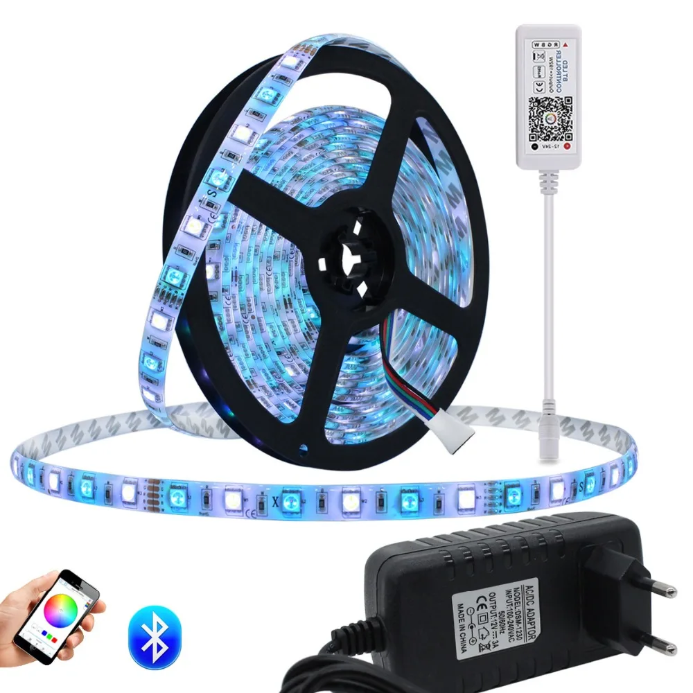 SMD 5050 RGB Bluetooth контроллер светодиодный светильник 5 м 60 светодиодный/м водонепроницаемый ip 65 Неоновая Гибкая лента Диодная лента DC 12 В адаптер Комплект