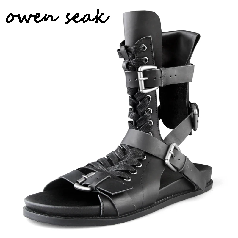 Owen Seak/мужские сандалии в римском стиле; черная обувь; сандалии-гладиаторы с высоким берцем; Шлепанцы из натуральной кожи; летние мужские сандалии - Цвет: Белый